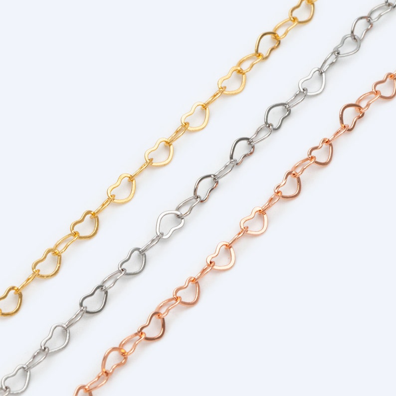 Gold/ Silver tone Heart Chains, Gold/ Rhodium/ Rose Gold plated Brass Designer Chain, 3.5mm Thin Decorative Chains LK-105/ 1 Meter3.3 ft image 2