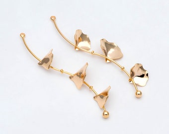 4pcs Gold Ginkgo Leaf Charms 56x12mm, Real Gold plated Brass Branch Pendants (GB-954-F)
