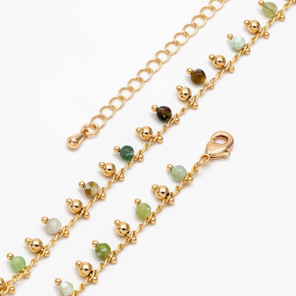 Beaded Bracelet/ Necklace with Extender, Green Gemstone Bead Chain, 18K Gold plated Brass, Adjustable Ready to Wear (#LK-456)