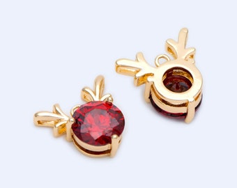 4pcs CZ Pave Deer Head Charms 13mm, 18K Gold Plated Brass, Reindeer Pendants for Christmas (GB-713-I)