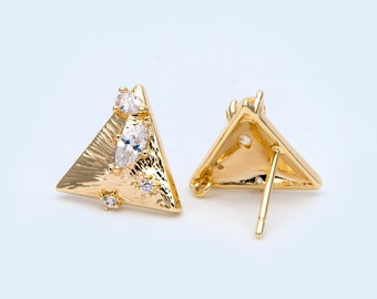 10pcs CZ Paved Triangle Earring Posts 12x13mm, 18K Gold Plated Brass, Triangle Stud Earrings (#GB-1024)