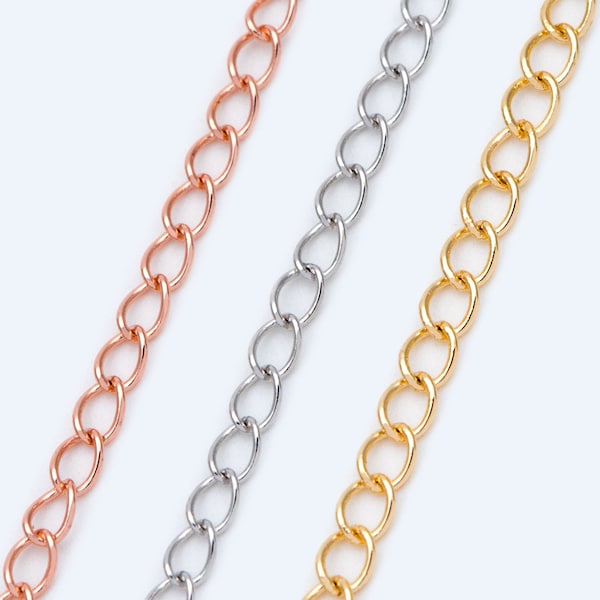 Gold/ Silver/ Rose Gold Curb Chain 3mm, Real Gold/ Rhodium Plated Brass "Extender" Chain, Color Not Easily Tarnish (LK-175)/ 1 meter