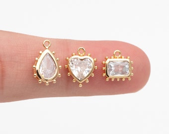 10pcs CZ Pave Teardrop/ Heart/ Rectangle Charms, Gold plated Brass, Geometric Earring Charms (GB-4122)