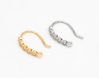 10pcs CZ Pave Gold/ Silver Earring Hooks 16x10mm, Real Gold/ Rhodium Plated Brass Earwires, Color Not Easily Tarnish (GB-317)