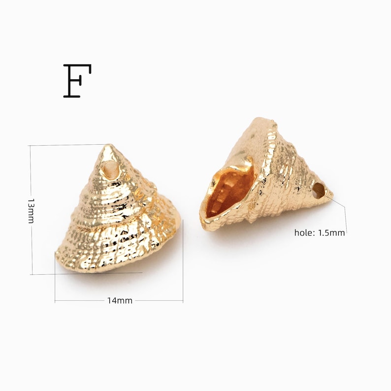 May include: Two gold-colored metal seashell charms labeled with the letter F. The shells measure 13mm in height and 14mm in width, featuring a textured surface and a 1.5mm hole for threading. The design mimics the spiral shape of a conch shell.