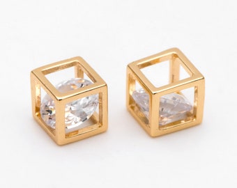 10pcs Gold Cube Beads with Cubic Zirconia, Jewelry Making, Diy Material, Jewelry Supplies (GB-3198)