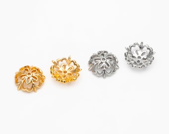 20pcs Gold/ Silver Floral Bead Caps 9mm, Fit 10-12mm Beads, Real Gold/ Rhodium plated Brass, Lead Nickel Free (GB-053)