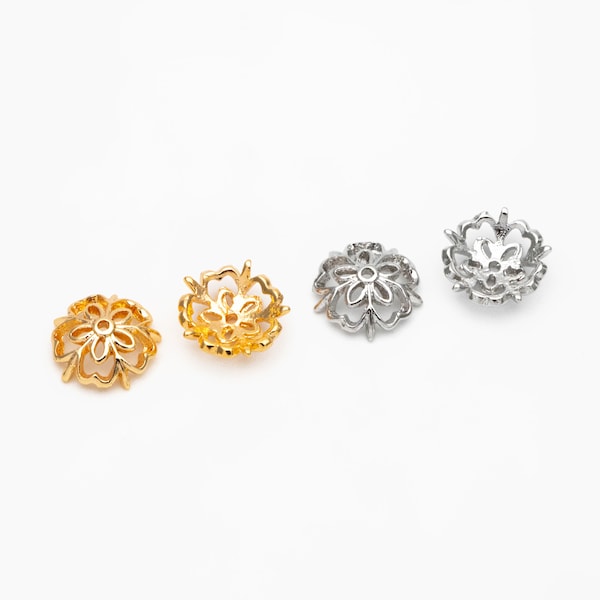 20pcs Gold/ Silver Floral Bead Caps 9mm, Fit 10-12mm Beads, Real Gold/ Rhodium plated Brass, Lead Nickel Free (GB-053)