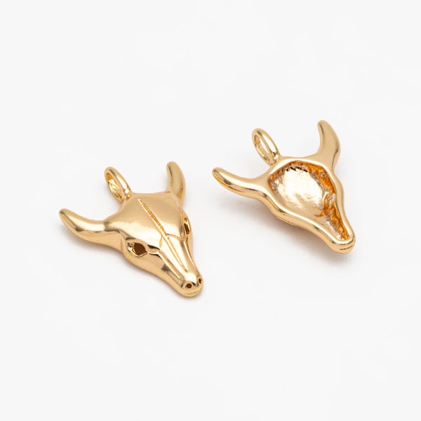 10pcs Gold OX Head Skull Charm 17x13mm, Real Gold plated Brass, Buffalo Head Pendant (GB-3595)