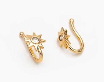 4 piercings nasales con forma de sol dorado y pavé de circonitas cúbicas, sin perforación, de latón chapado en oro, ajustables, delicados (GB-3709-E)