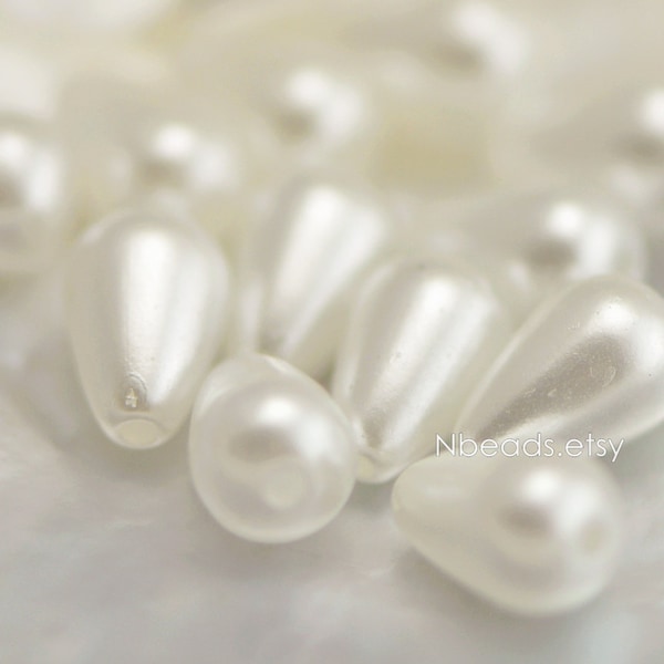 VENTE! 50pcs perles en forme de larme acrylique 10x6mm, blanc perle nacrée, percer à travers (#SL025)