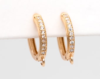 4pcs CZ Pave Hoop Earrings, Round Leverback Ear Hooks, 18K Gold plated Brass, Earring Component Findings (GB-3217)