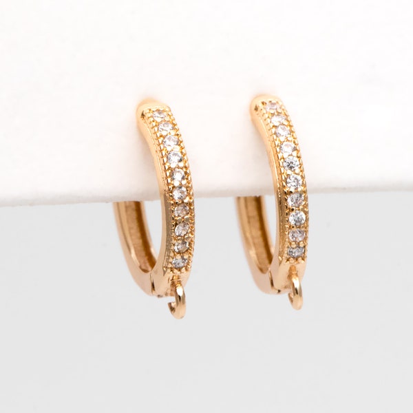 4pcs CZ Pave Hoop Earrings, Round Leverback Ear Hooks, 18K Gold plated Brass, Earring Component Findings (GB-3217)