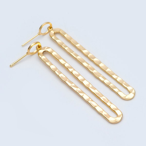 4pcs Long Oval Hoop Ear Posts 69mm, 18K Gold plated Brass, Hammered Stud Earring Findings (GB-898)