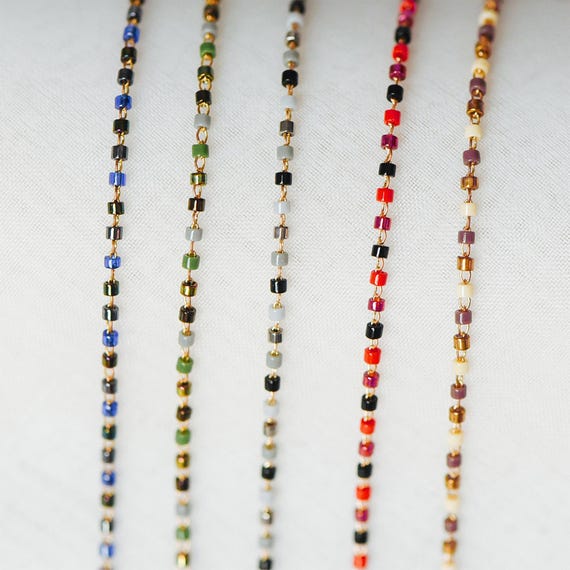 Dainty Miyuki Seed Glass Bead Chain 1.8mm, Unplated Brass Beaded Tiny Chain, Multi Colors Mix  (#LK-052)/ 1 Meter=3.3ft