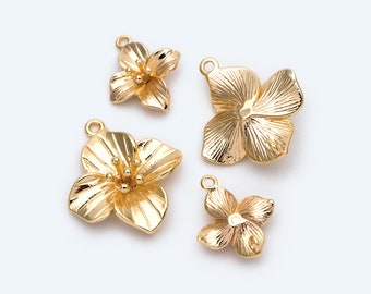 10pcs Gold/ Silver Tone Flower Charms with 2 Loops, 18K Gold/ Rhodium plated Brass, Floral Connectors 10/ 12/ 15mm (GB-1987)