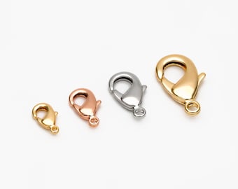 20pcs Gold/ Silver/ Rose Gold Lobster Claw Clasps, 10/ 12/ 15/ 19mm Multi Sizes, Real Gold plated Brass, Necklace Bracelet Clasps (GB-027)