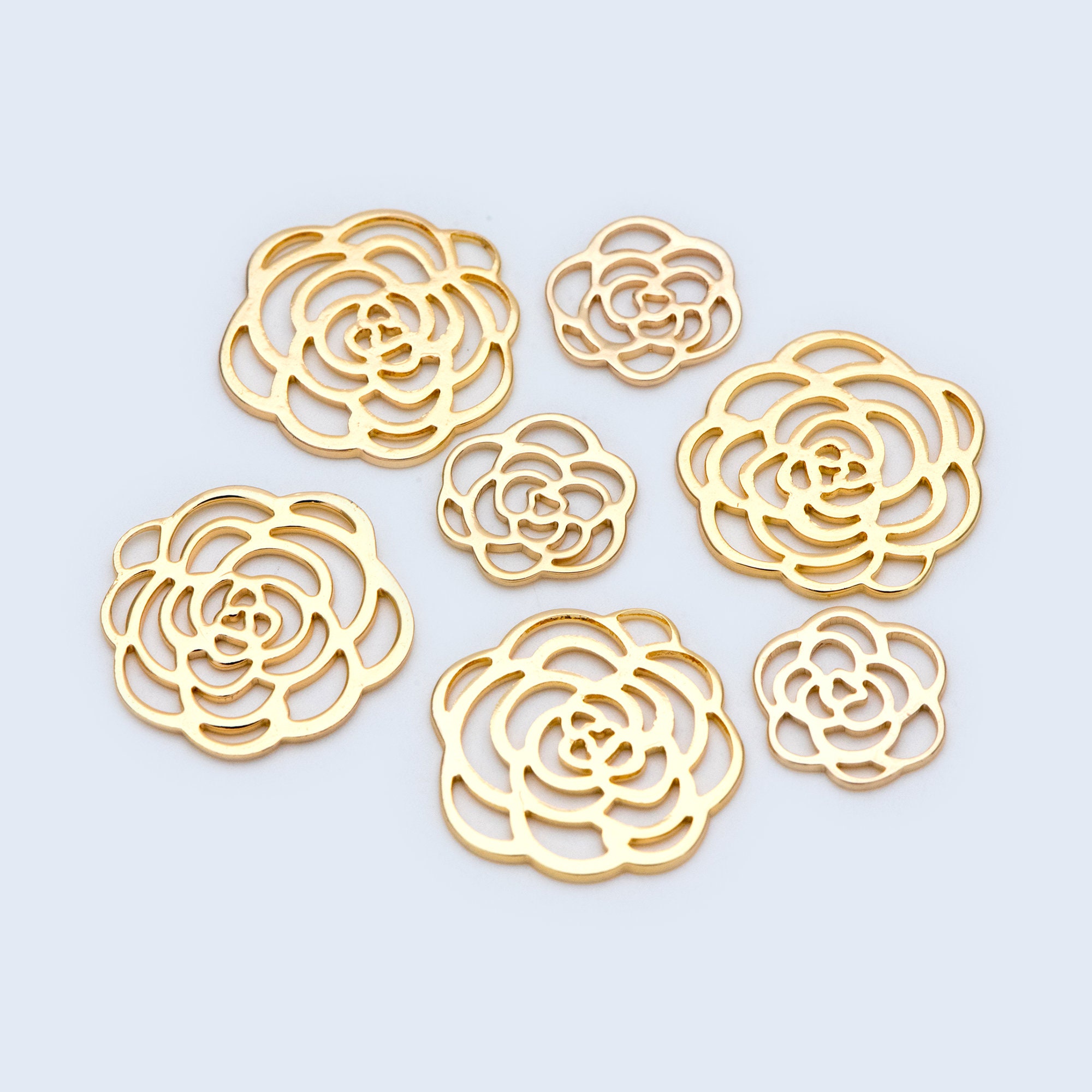 10pcs Gold Hollow Flower Charm Pendants 14/22mm, Real Gold