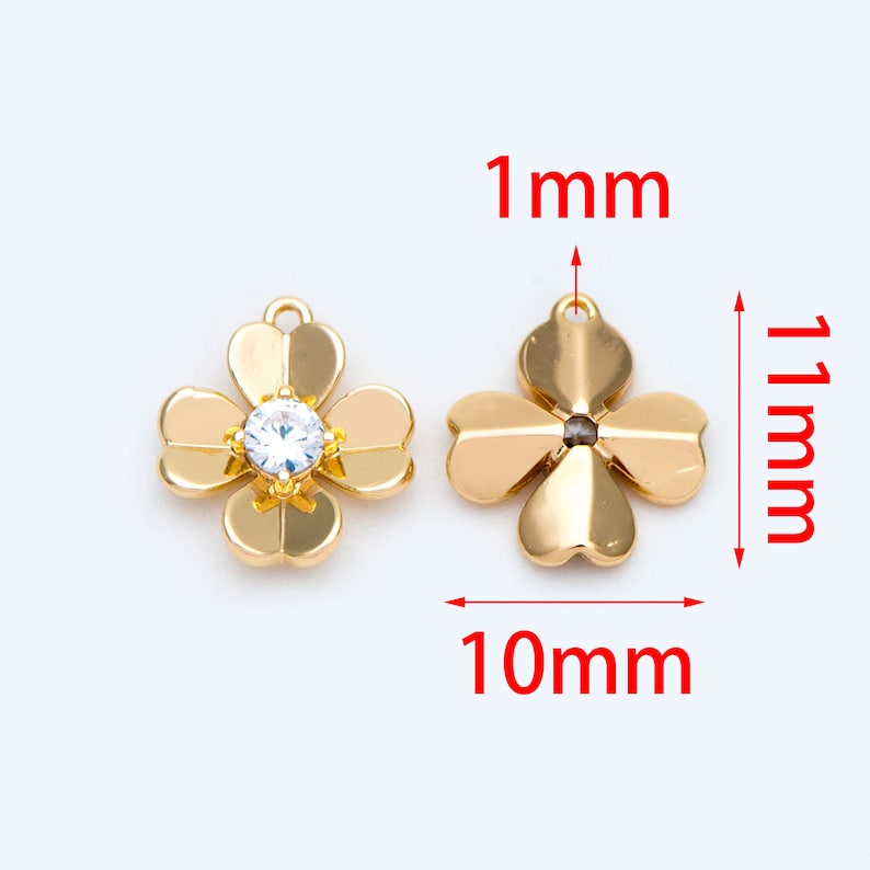 10pcs Micro Pave CZ Flower Charms GB-878 Mini Quatrefoil Charms 10mm Gold plated Brass Floral Pendants