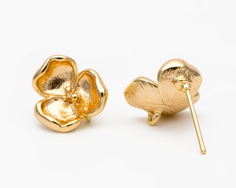 10pcs Gold Flower Stud Earring with Loop, Gold Plated Brass, Jewelry Making, Diy Material, Jewelry Supplies (GB-3686)