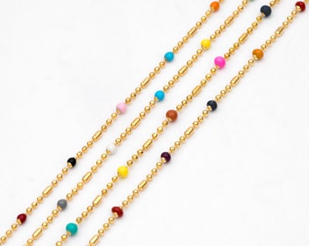 Mix Color Enamel Bead Chains, Gold plated Brass Beaded Chains, 1.2mm Chain with 2mm Enamel Beads (#LK-579)/ 1 Meter=3.3ft