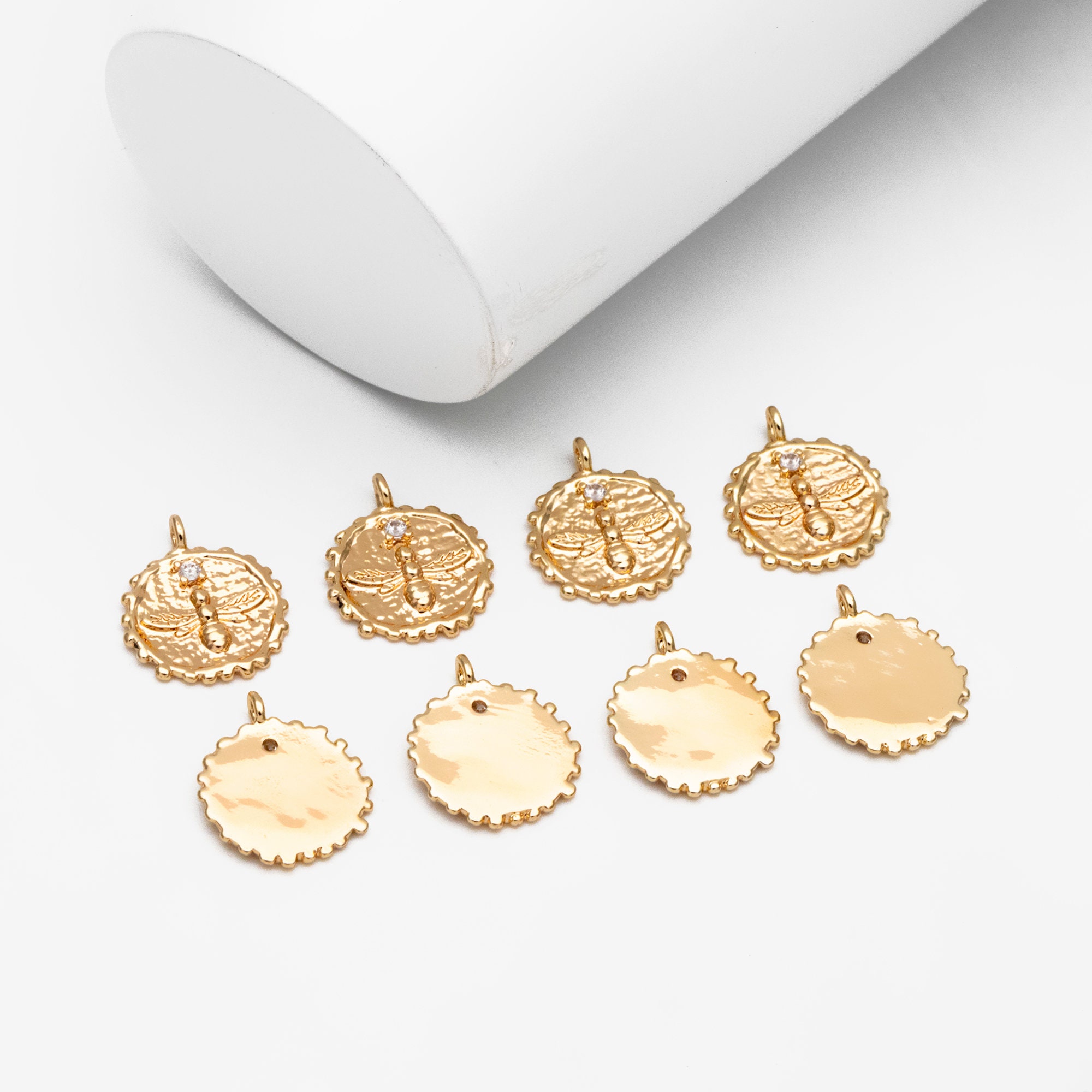 10pcs CZ Pave Gold Bee Fossil Charms, Gear Pendants 16x13mm