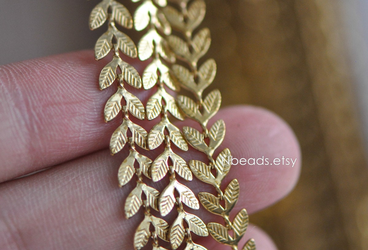 Unplated Raw Brass Designer Chain 6.5mm, Two Sided Leaf Chevron Chain…