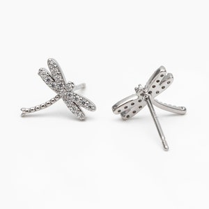 4pcs CZ Pave Gold/ Silver Dragonfly Earring, Dianty Dragonfly Ear Studs, Jewelry Supplies GB-3892 Silver (rhodium)