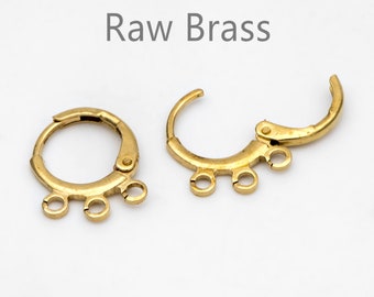 20pcs Raw Brass Round Leverback Earrings, Brass Ear Hooks with Three Loops (RB-310)