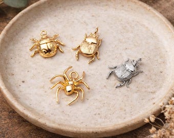 金/銀のてんとう虫、カブトムシ、クモのチャーム4個セット、昆虫