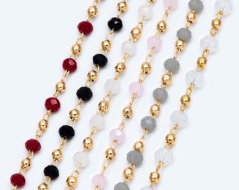Gold Crystal Beaded Chains, Gold plated Brass Cable Chain, 3mm Glass Rondelles with 2mm Gold Round Beads (#LK-200)/ 1 Meter=3.3 ft