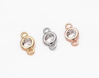 10pcs Gold/ Silver/ Rose Gold Bezel Gemstone Connector 4/ 5/ 6mm, 18K Gold plated Brass, Clear CZ Round Charms  (GB-3197)