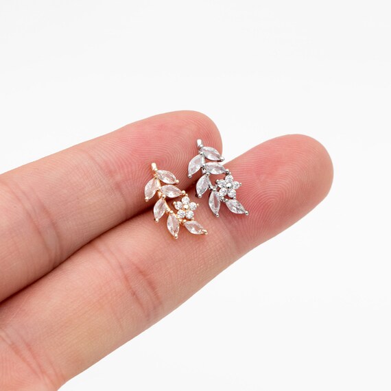 アクセサリー Earring 18k 4pcs CZ Pave Gold/ Silver Leaf Earrings, 18K Real Gold
