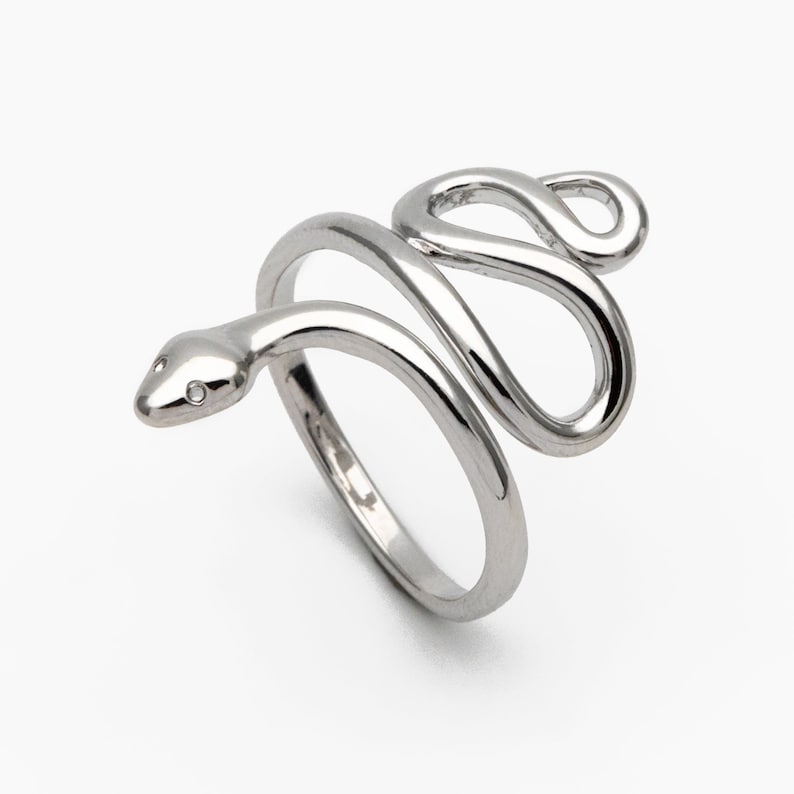 May include: A silver snake ring with a coiled design. The snake's head has two small, clear stones for eyes. The ring wraps around the finger, creating a unique accessory. The ring is set against a white background.