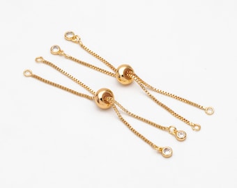10pcs CZ Pave Gold/ Silver Sliding Adjustable Bracelet Making Chains, Half-finished Bracelet with Rubber Stopper Beads (GB-269-B)
