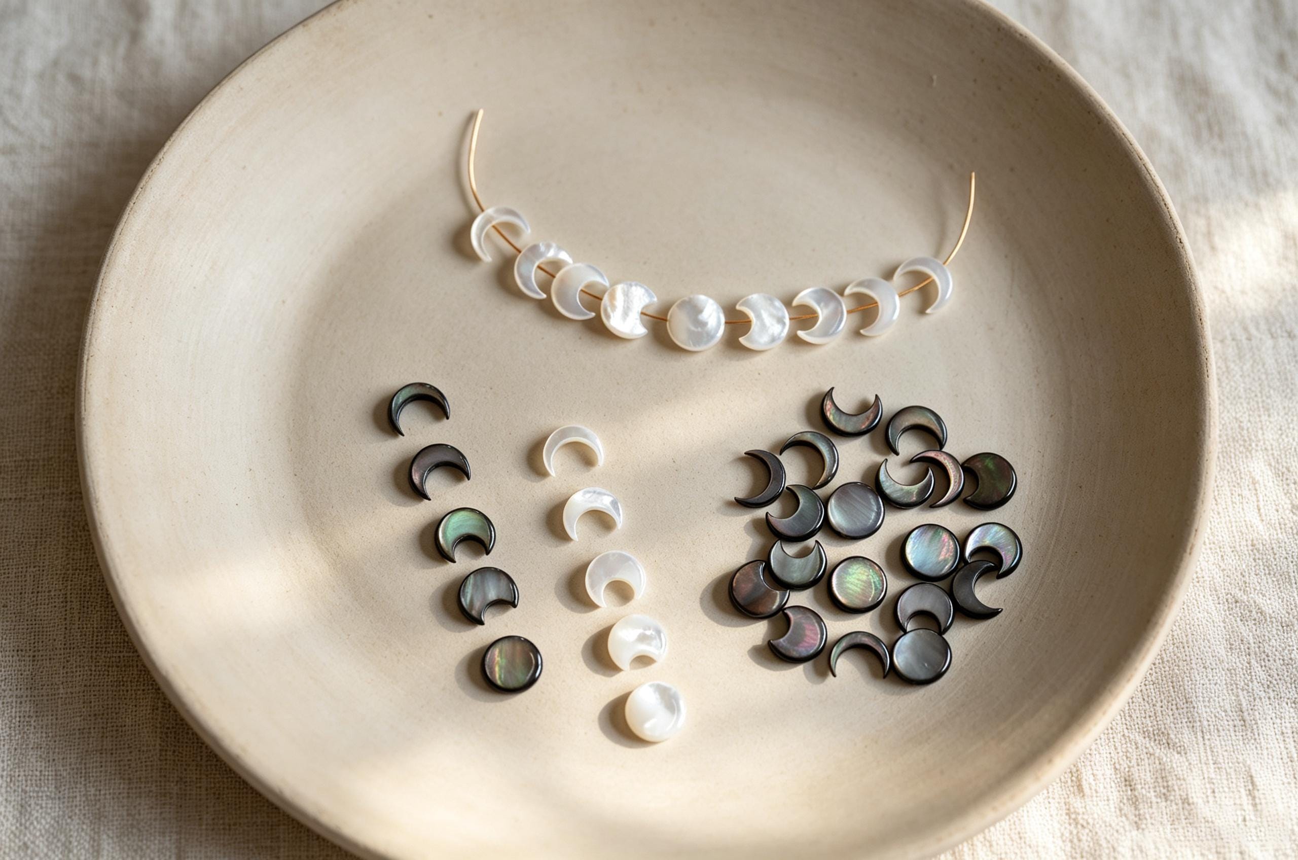 Moon Phase Mother of Pearl Beads, White/ Black MOP Shell Crescent Charms 12mm (BK-035)