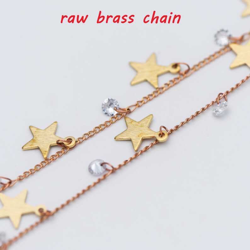 1 Meter=3.3ft Handmade Unplated Curb Chain Wholesale Raw Brass Chain with Star and CZ Charms #LK-219-RB