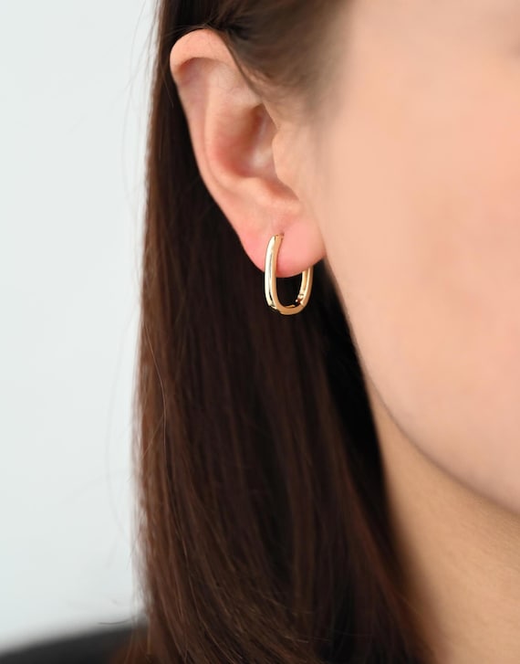 Boucles D'oreilles Créoles Ovale En Argent Sterling Plaqué Or - 30mm X 3mm - Neuf Sans Emballage