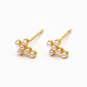 10pcs Faux Pearl Pave Gold Cross Earrings, Gold Plated Brass Small Cross Stud Earring (#GB-4063)