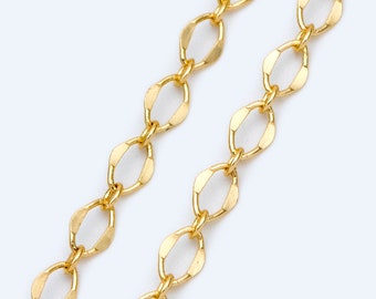 May include: Gold chain with oval links. The chain is made of metal and has a shiny finish.