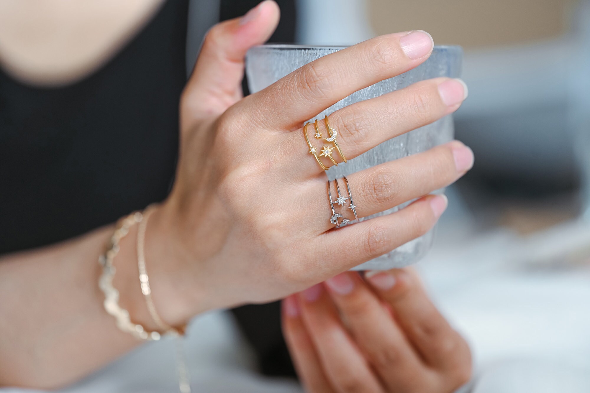 4pcs CZ Pave Triple Band Moon and Star Ring, Celestial Ring