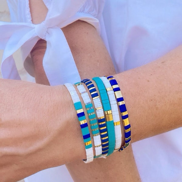 Blue Glass Tile Bracelet, Tila Bracelet, Colorful Squares Bracelet, Summer Jewelry, Beach Bracelets (RM-60)
