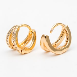 4pcs Gold/ Silver CZ Pave Tiny Double Hoop Earrings, 9mm hoop, Tragus Hoop, Cartilage Hoop, Cartilage Clicker Hoop (GB-3352)