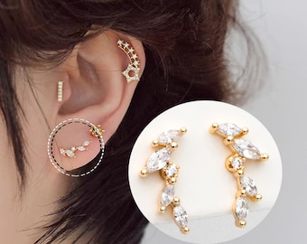 4pcs Leaf Stud Earrings, 18K Gold Plated Brass, CZ Pave Branch Earrings (GB-3369-H)