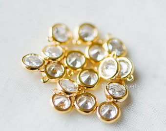 10pcs Gold Bezel Gemstone Charms 4.5/ 5.5/ 6/ 7.5mm, Real Gold plated Brass, Clear CZ Round Charms (GB-167)