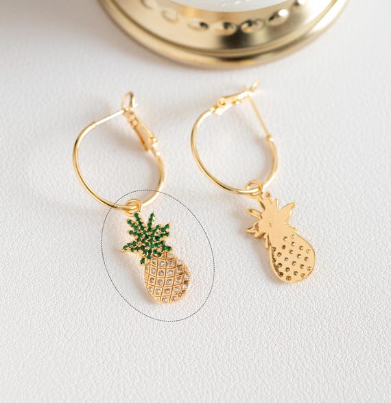 4pcs CZ Pave Pineapple Charms 24x12mm, 18K Gold Plated Brass