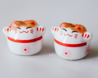 10個入り - 磁器製招き猫ビーズ 17mm、手作り陶器製招き猫、かわいい猫の穴あきビーズ（TC-154）