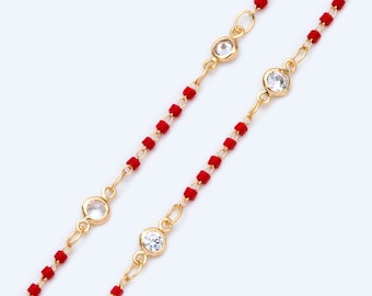 Miyuki Seed Bead Chain, Dainty Gold Beaded Chains, 4mm Round Coin CZ Links, Red (#LK-437-3)/ 1 Meter=3.3 ft