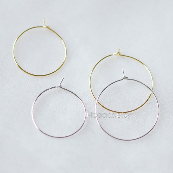20pcs Gold/ Silver/ Rose Gold Hoop Ear Wire, Gold/ Rhodium plated Brass Hoop Earrings, 20/ 25/ 30/ 35mm by 0.7mm  (GB-252)