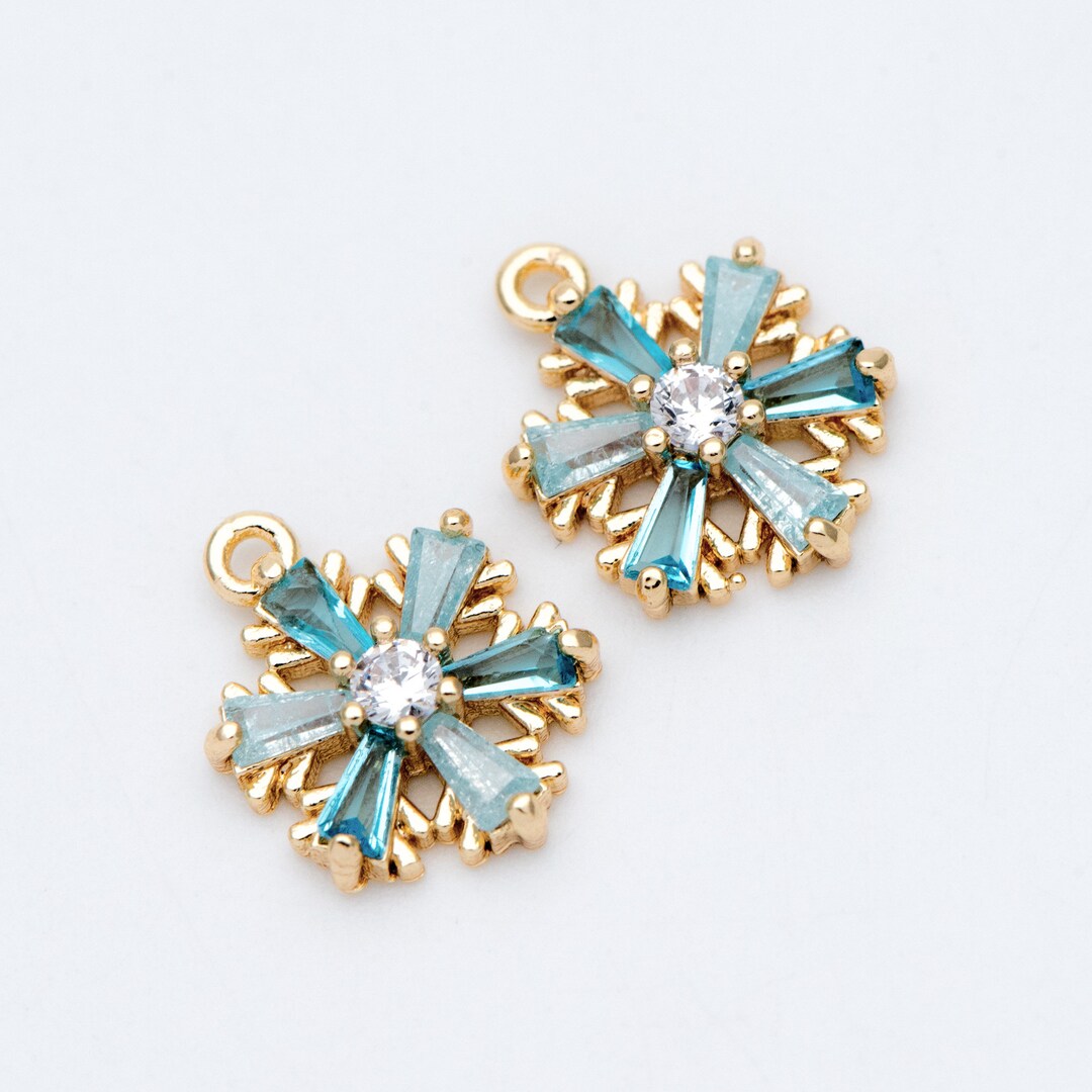 4pcs CZ Pave Gold Snowflake Charms 11x13mm, Aqua Rhinestone Geometric